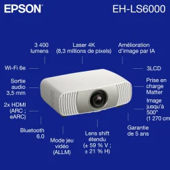 Epson EH-LS6000, vidéoprojecteur laser 4K Home Cinéma abordable, traitement d’image IA, compatible Matter, 3 400 lumens, image jusqu’à 500 pouces, garantie 5 ans