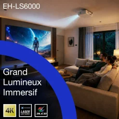 Epson EH-LS6000, vidéoprojecteur laser 4K Home Cinéma abordable, traitement d’image IA, compatible Matter, 3 400 lumens, image jusqu’à 500 pouces, garantie 5 ans