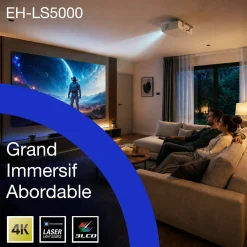 Epson EH-LS5000, vidéoprojecteur laser Home Cinéma 4K abordable, traitement d’image par IA, compatible Matter, 2 500 lumens, affichage jusqu’à 500 pouces, garantie de 5 ans