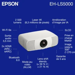 Epson EH-LS5000, vidéoprojecteur laser Home Cinéma 4K abordable, traitement d’image par IA, compatible Matter, 2 500 lumens, affichage jusqu’à 500 pouces, garantie de 5 ans