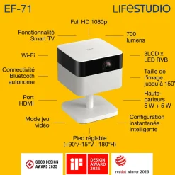 Epson Lifestudio Flex EF-71, Projecteur Smart TV HD intégrale 1080p, portable, 700 lumens, Sound by Bose, Google TV, écran de 150 pouces