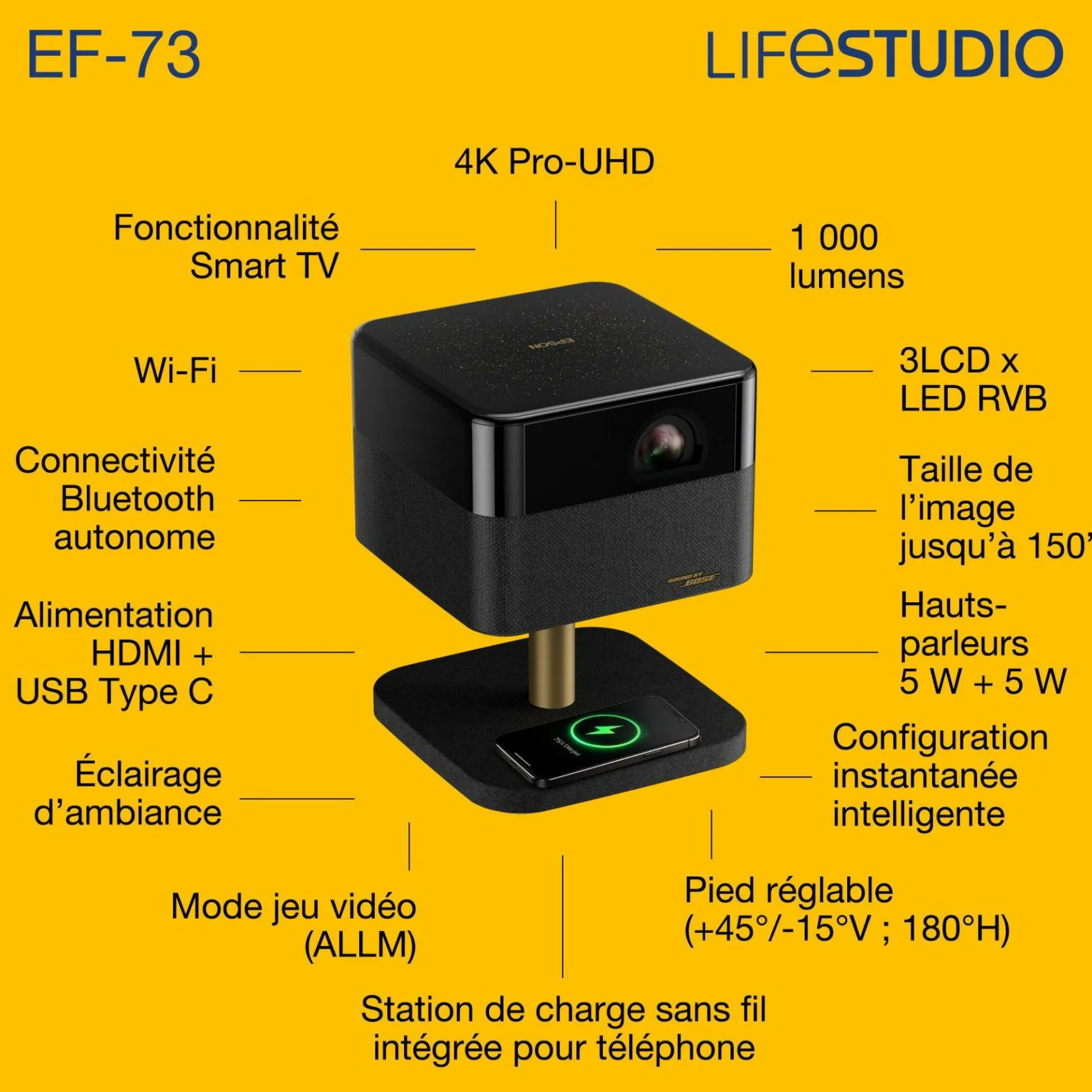Epson Lifestudio Flex Plus EF-73, Projecteur Smart TV 4K PRO-UHD, portable, 1 000 lumens, Sound by Bose, Google TV, écran de 150 pouces