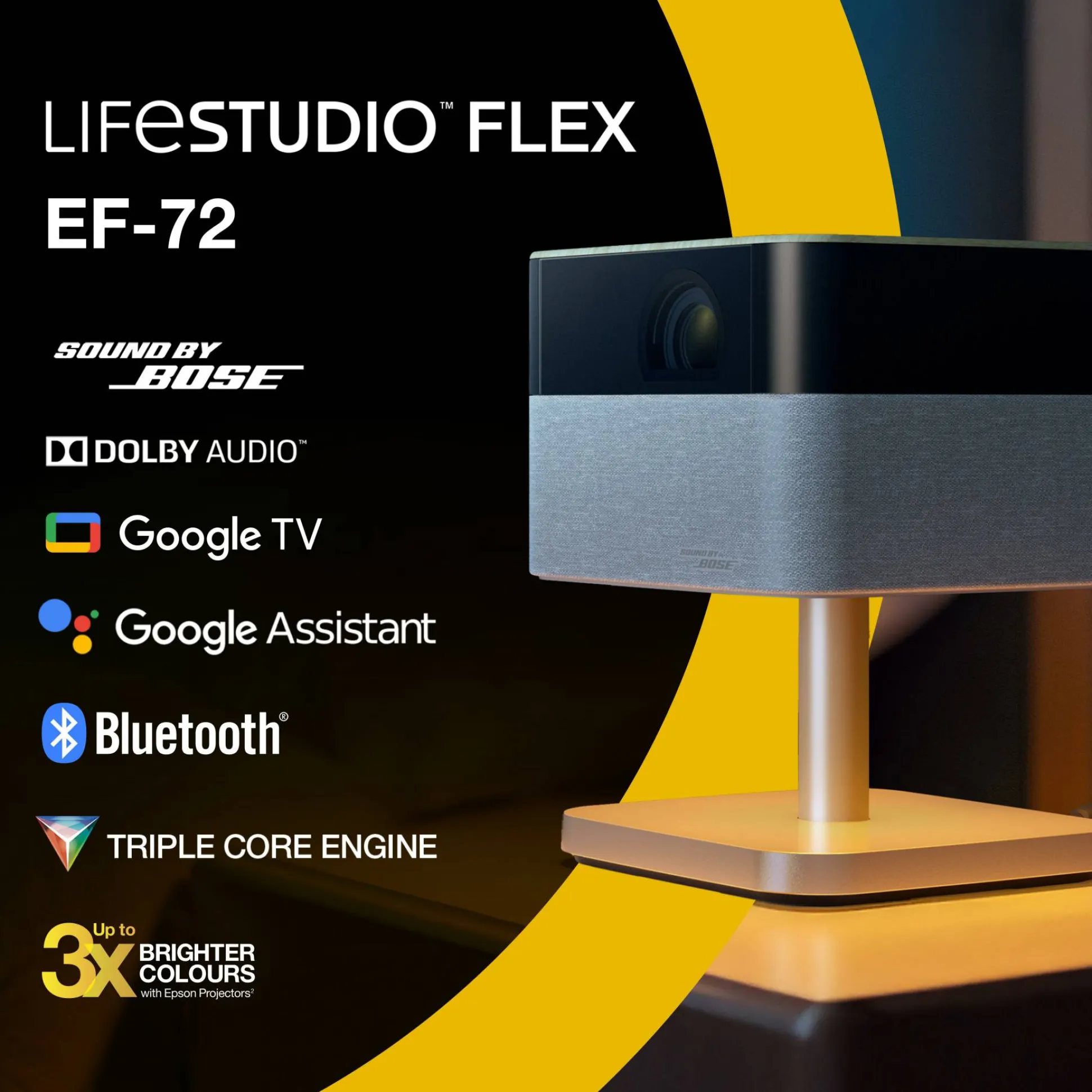 Epson Lifestudio Flex Plus EF-72, Projecteur Smart TV 4K PRO-UHD, portable, 1 000 lumens, Sound by Bose, Google TV, écran de 150 pouces