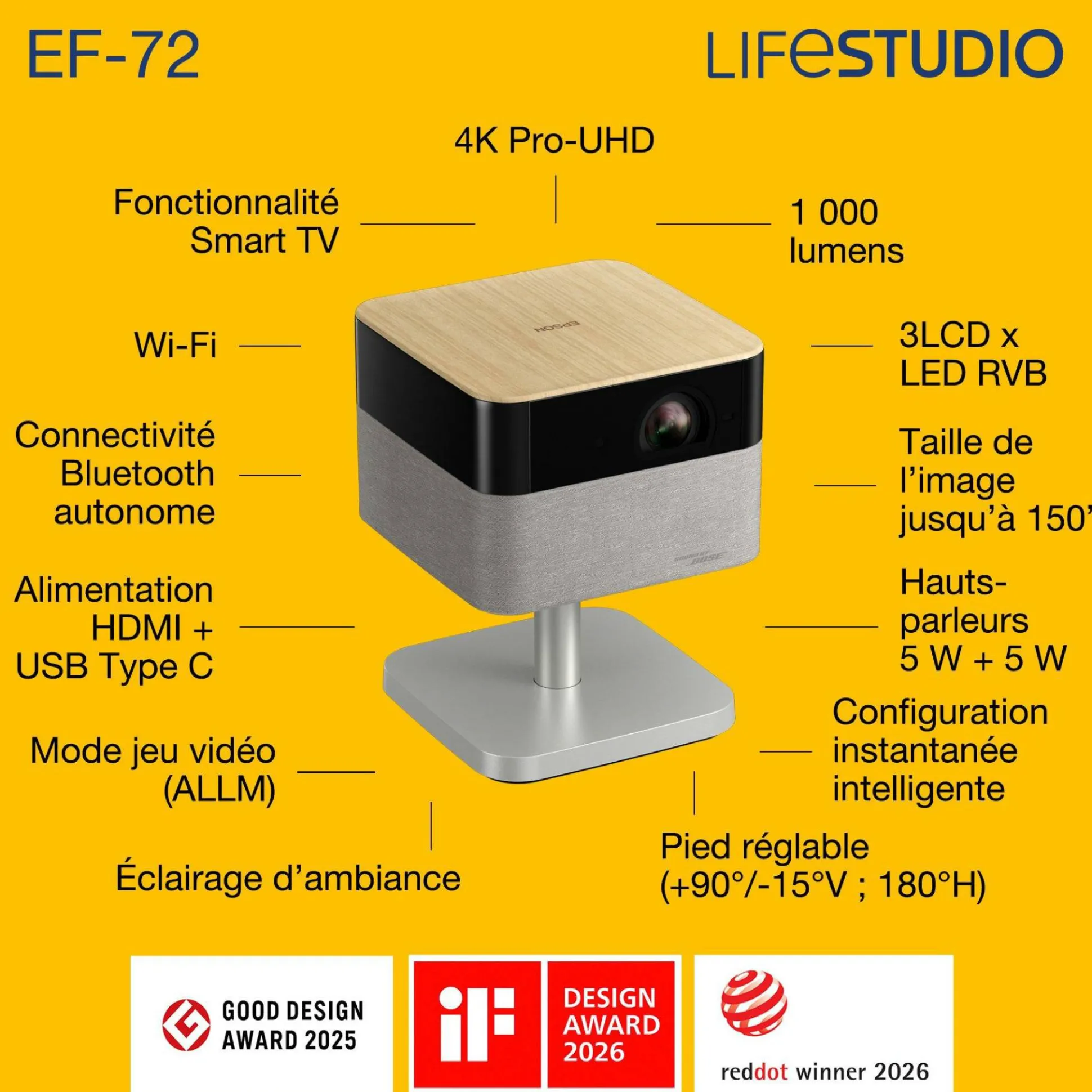 Epson Lifestudio Flex Plus EF-72, Projecteur Smart TV 4K PRO-UHD, portable, 1 000 lumens, Sound by Bose, Google TV, écran de 150 pouces