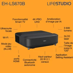 Epson Lifestudio Grand EH-LS670B, Projecteur laser intelligent à ultracourte focale, 4K PRO-UHD, 3 600 lumens, Sound by Bose, Google TV, écran de 120 pouces, garantie de 5 ans