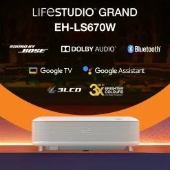 Epson Lifestudio Grand EH-LS670W, Projecteur laser intelligent à ultracourte focale, 4K PRO-UHD, 3 600 lumens, Sound by Bose, Google TV, écran de 120 pouces, garantie de 5 ans