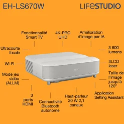 Epson Lifestudio Grand EH-LS670W, Projecteur laser intelligent à ultracourte focale, 4K PRO-UHD, 3 600 lumens, Sound by Bose, Google TV, écran de 120 pouces, garantie de 5 ans