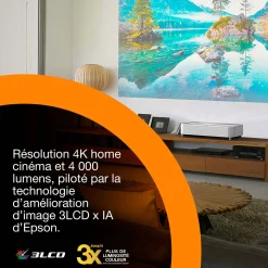 Epson Lifestudio Grand EH-LS670W, Projecteur laser intelligent à ultracourte focale, 4K PRO-UHD, 3 600 lumens, Sound by Bose, Google TV, écran de 120 pouces, garantie de 5 ans