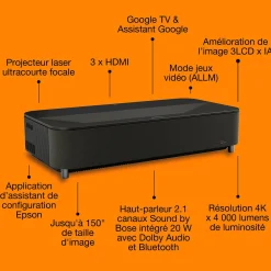Epson Lifestudio Grand Plus EH-LS970B, Projecteur laser intelligent à ultracourte focale, Home cinéma 4K, 4 000 lumens, Sound by Bose, Google TV, écran de 150 pouces, garantie de 5 ans