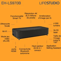Epson Lifestudio Grand Plus EH-LS970B, Projecteur laser intelligent à ultracourte focale, Home cinéma 4K, 4 000 lumens, Sound by Bose, Google TV, écran de 150 pouces, garantie de 5 ans