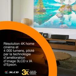 Epson Lifestudio Grand Plus EH-LS970B, Projecteur laser intelligent à ultracourte focale, Home cinéma 4K, 4 000 lumens, Sound by Bose, Google TV, écran de 150 pouces, garantie de 5 ans