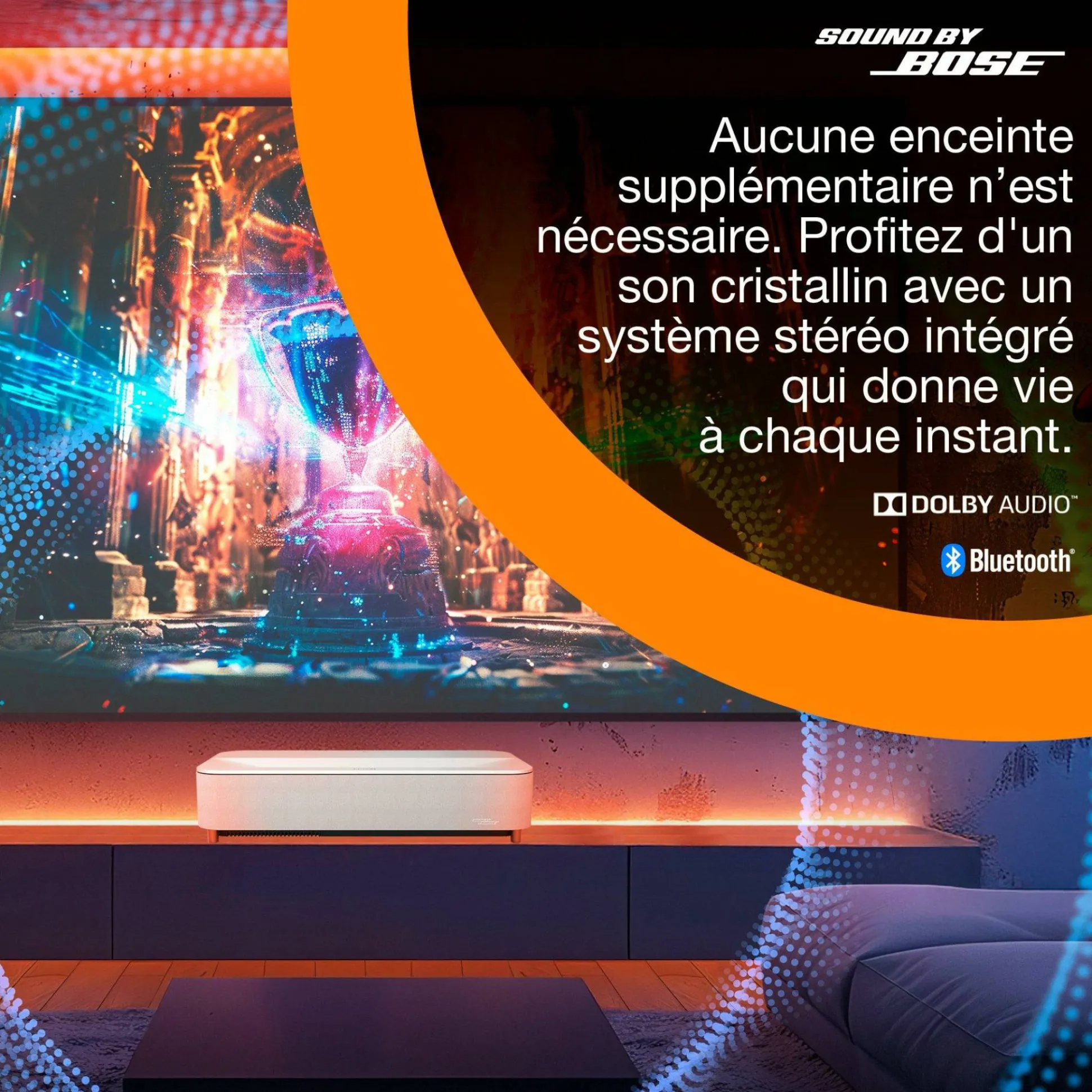 Epson Lifestudio Grand Plus EH-LS970W, Projecteur laser intelligent à ultracourte focale, Home cinéma 4K, 4 000 lumens, Sound by Bose, Google TV, écran de 150 pouces, garantie de 5 ans