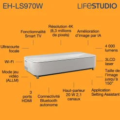 Epson Lifestudio Grand Plus EH-LS970W, Projecteur laser intelligent à ultracourte focale, Home cinéma 4K, 4 000 lumens, Sound by Bose, Google TV, écran de 150 pouces, garantie de 5 ans