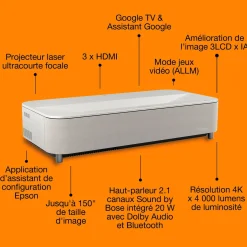 Epson Lifestudio Grand Plus EH-LS970W, Projecteur laser intelligent à ultracourte focale, Home cinéma 4K, 4 000 lumens, Sound by Bose, Google TV, écran de 150 pouces, garantie de 5 ans