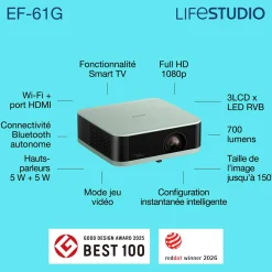 Epson Lifestudio Pop EF-61G, Projecteur Smart TV HD intégrale 1080p, portable, 700 lumens, Sound by Bose, Google TV, écran de 150 pouces