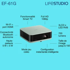 Epson Lifestudio Pop EF-61G, Projecteur Smart TV HD intégrale 1080p, portable, 700 lumens, Sound by Bose, Google TV, écran de 150 pouces