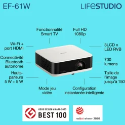 Epson Lifestudio Pop EF-61W, Projecteur Smart TV HD intégrale 1080p, portable, 700 lumens, Sound by Bose, Google TV, écran de 150 pouces