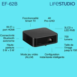 Epson Lifestudio Pop Plus EF-62B, Projecteur Smart TV 4K PRO-UHD, portable, 700 lumens, Sound by Bose, Google TV, écran de 150 pouces