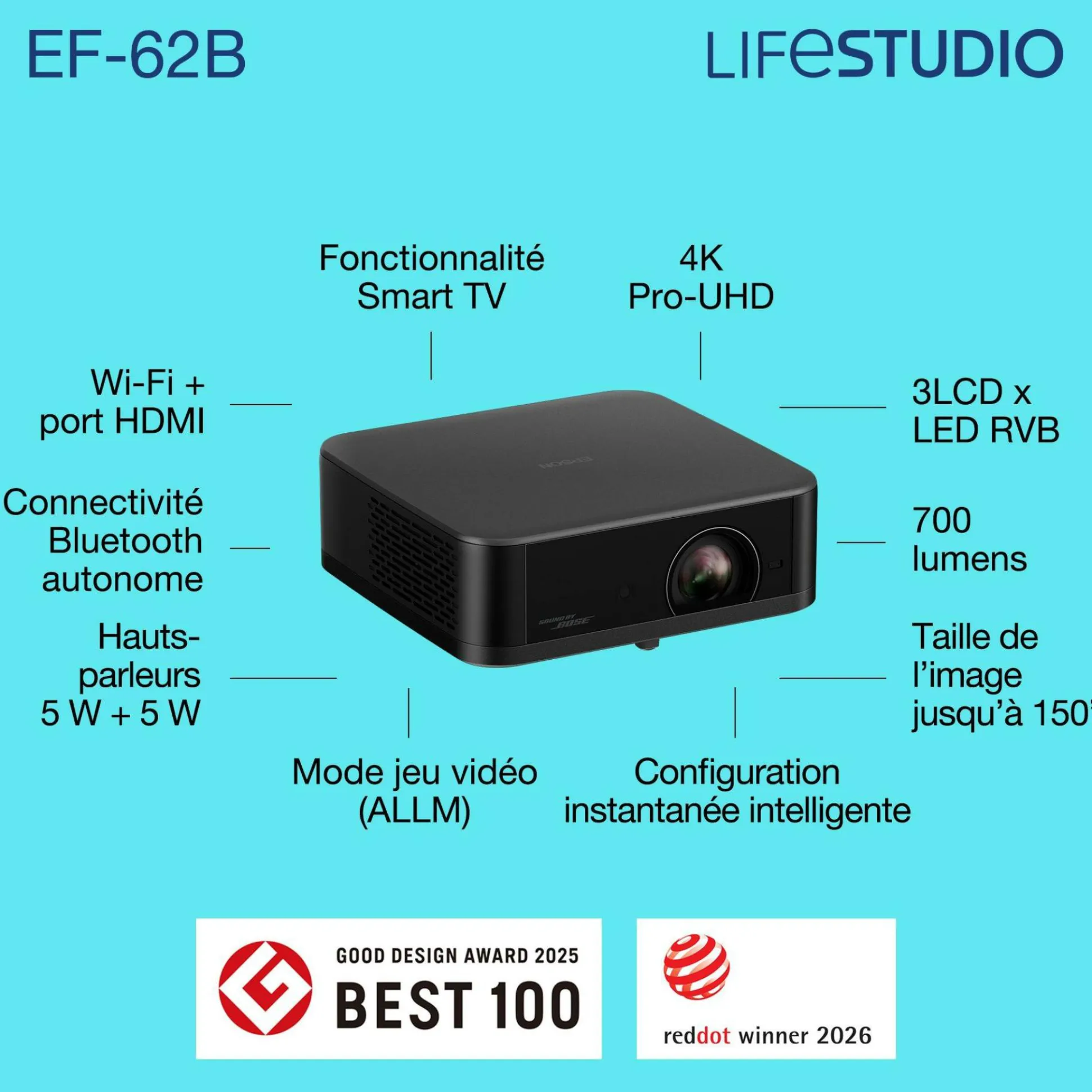 Epson Lifestudio Pop Plus EF-62B, Projecteur Smart TV 4K PRO-UHD, portable, 700 lumens, Sound by Bose, Google TV, écran de 150 pouces