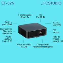 Epson Lifestudio Pop Plus EF-62N, Projecteur Smart TV 4K PRO-UHD, portable, 700 lumens, Sound by Bose, Google TV, écran de 150 pouces