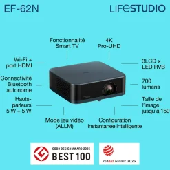 Epson Lifestudio Pop Plus EF-62N, Projecteur Smart TV 4K PRO-UHD, portable, 700 lumens, Sound by Bose, Google TV, écran de 150 pouces