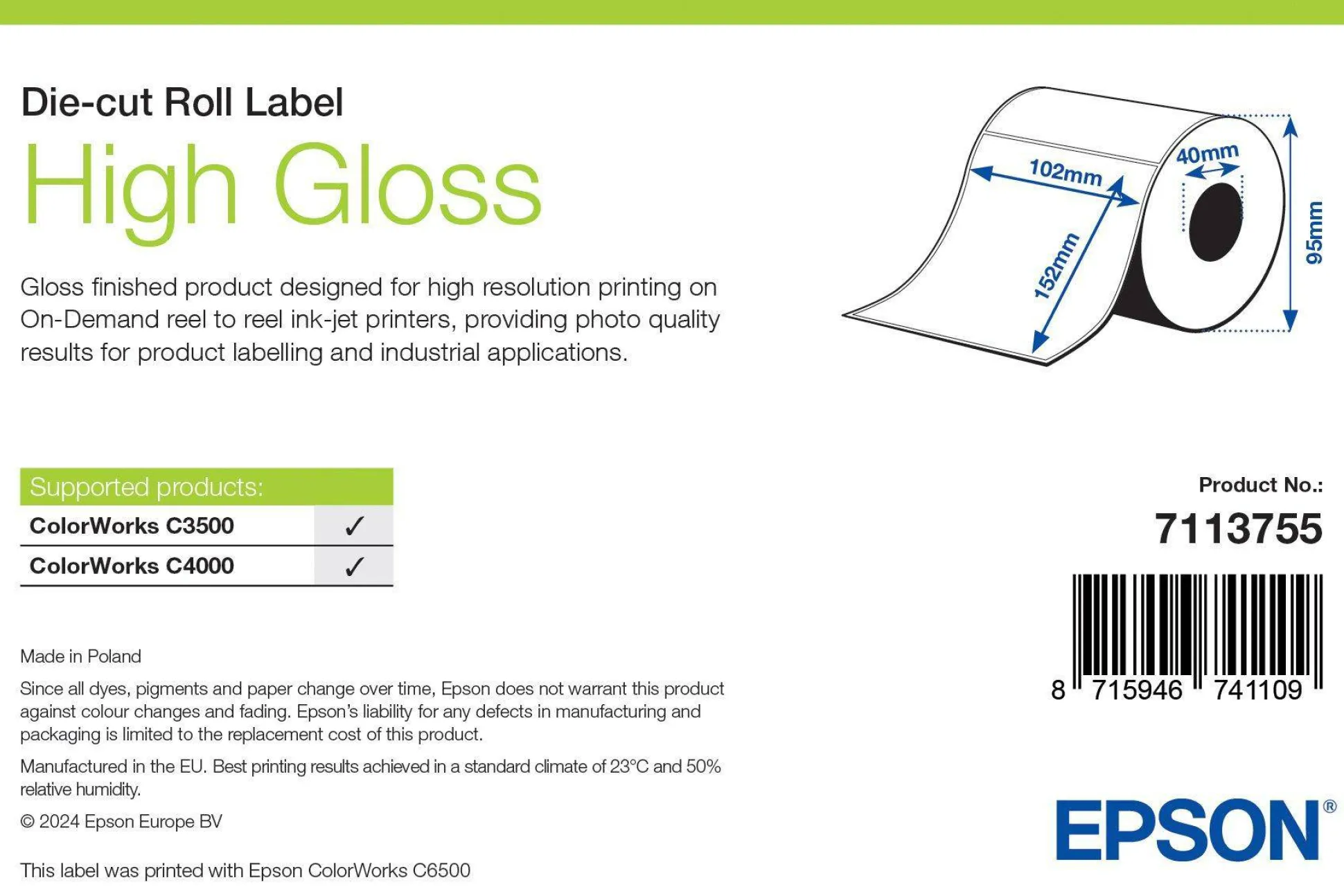 High Gloss Label, Die-Cut Roll, 102mm x 152mm, 210 Labels