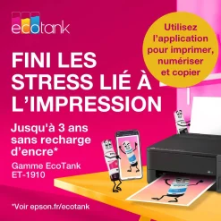 Imprimante A4 Wi-Fi et AirPrint EcoTank ET-1910 équipée de réservoirs d’encre, avec jusqu’à 3 ans d’encre inclus