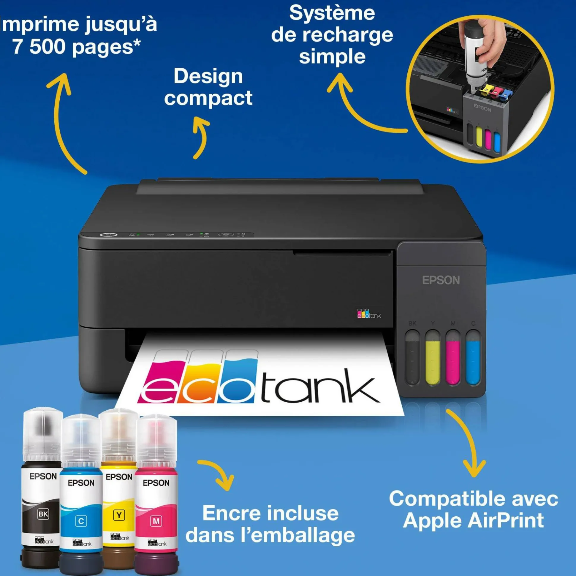 Imprimante A4 Wi-Fi et AirPrint EcoTank ET-1910 équipée de réservoirs d’encre, avec jusqu’à 3 ans d’encre inclus
