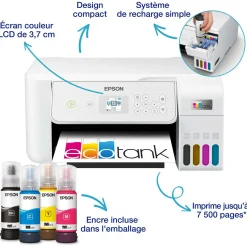 Imprimante multifonction A4 Wi-Fi EcoTank ET-2876 équipée de réservoirs d’encre, avec jusqu’à 3 ans d’encre inclus