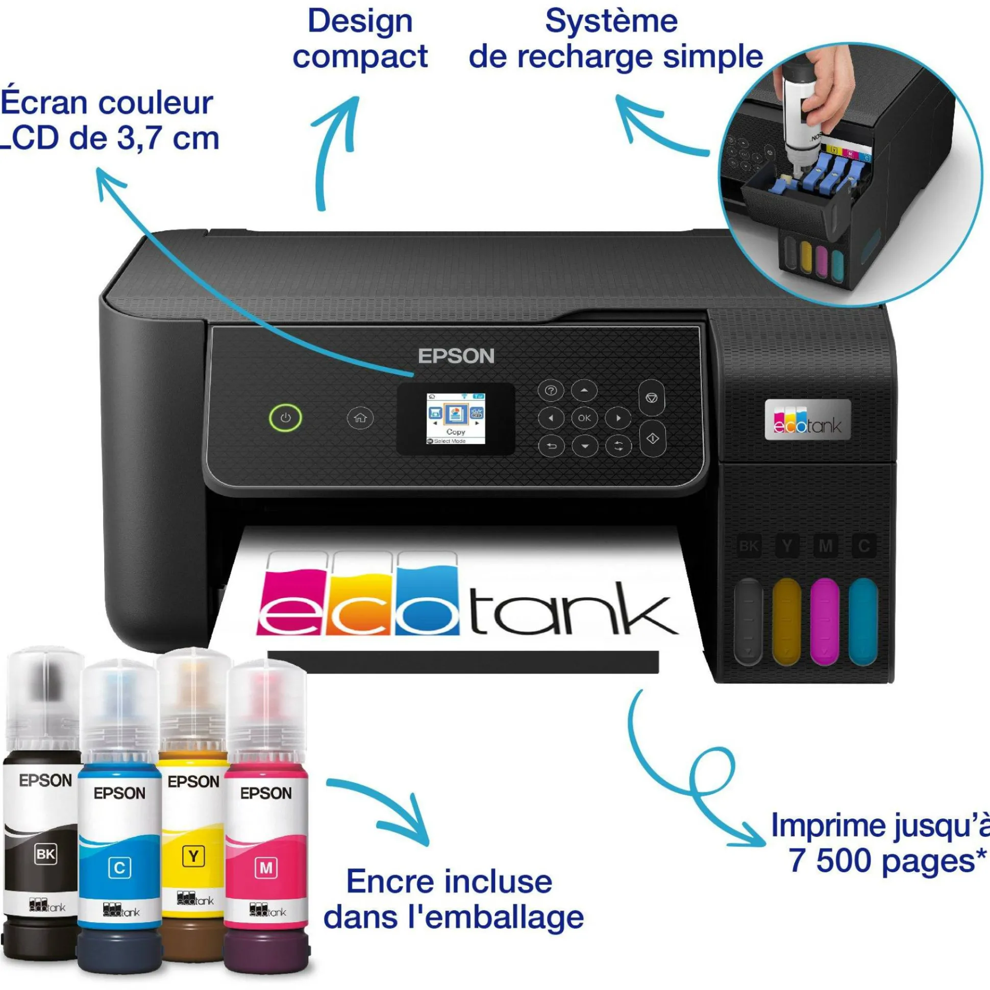 Imprimante multifonction A4 Wi-Fi EcoTank ET-2871 équipée de réservoirs d’encre, avec jusqu’à 3 ans d’encre inclus