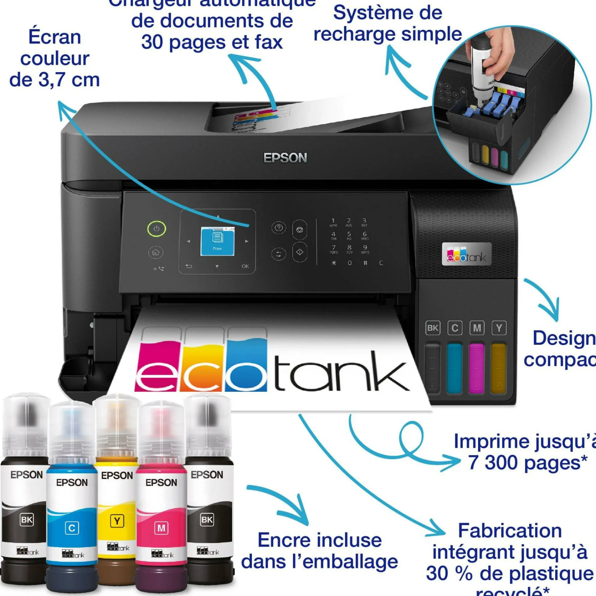 Imprimante multifonction A4 Wi-Fi EcoTank L5590 équipée de réservoirs d’encre, avec jusqu’à 3 ans d’encre inclus