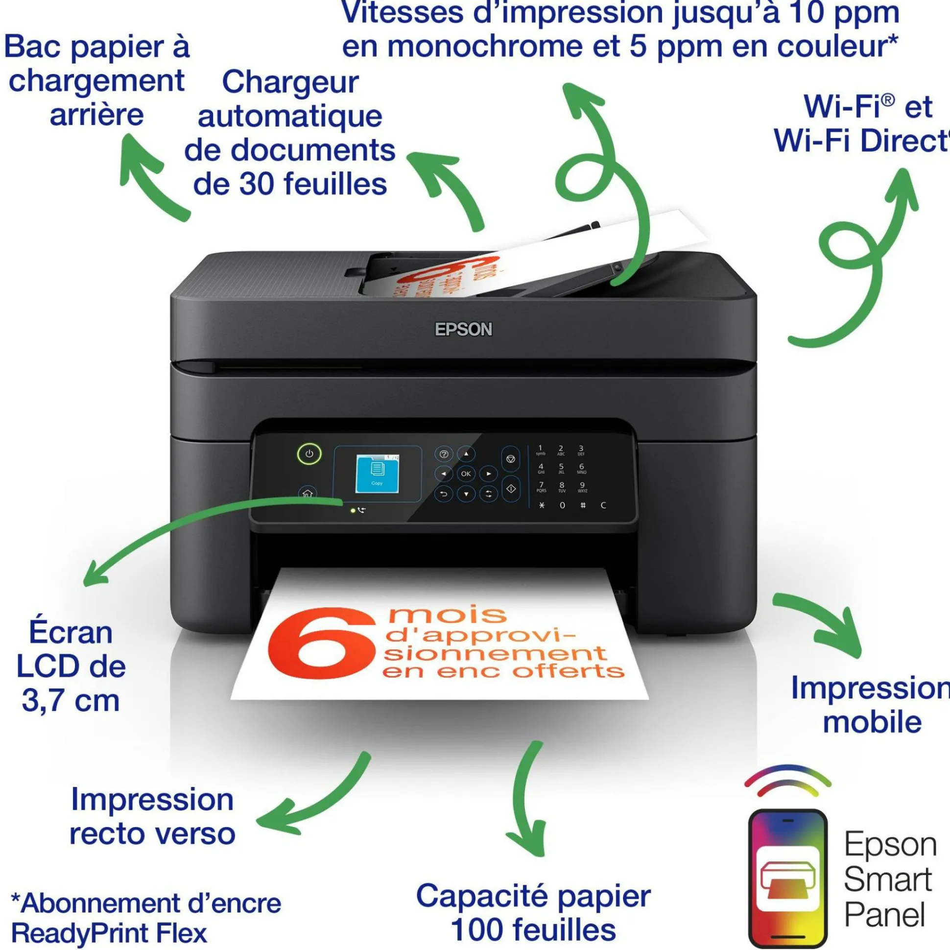 Imprimante multifonction Jet d’Encre A4 WorkForce WF-2935DWF et 6 mois d’encre offerts* avec l’abonnement ReadyPrint