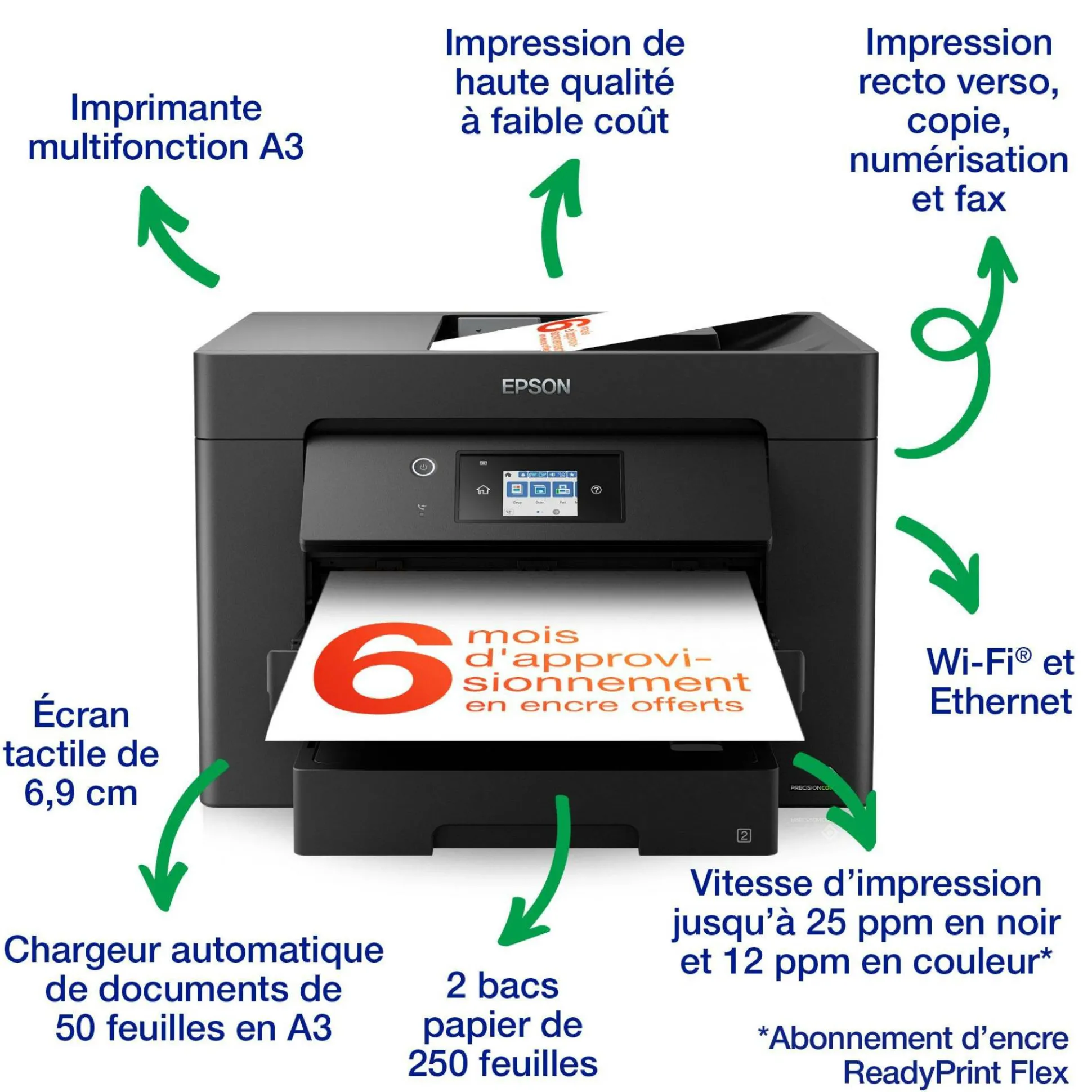 Imprimante multifonction Jet d’Encre A3 WorkForce WF-7830DTWF et 3 mois d’approvisionnement en encre offerts avec l’abonnement ReadyPrint*