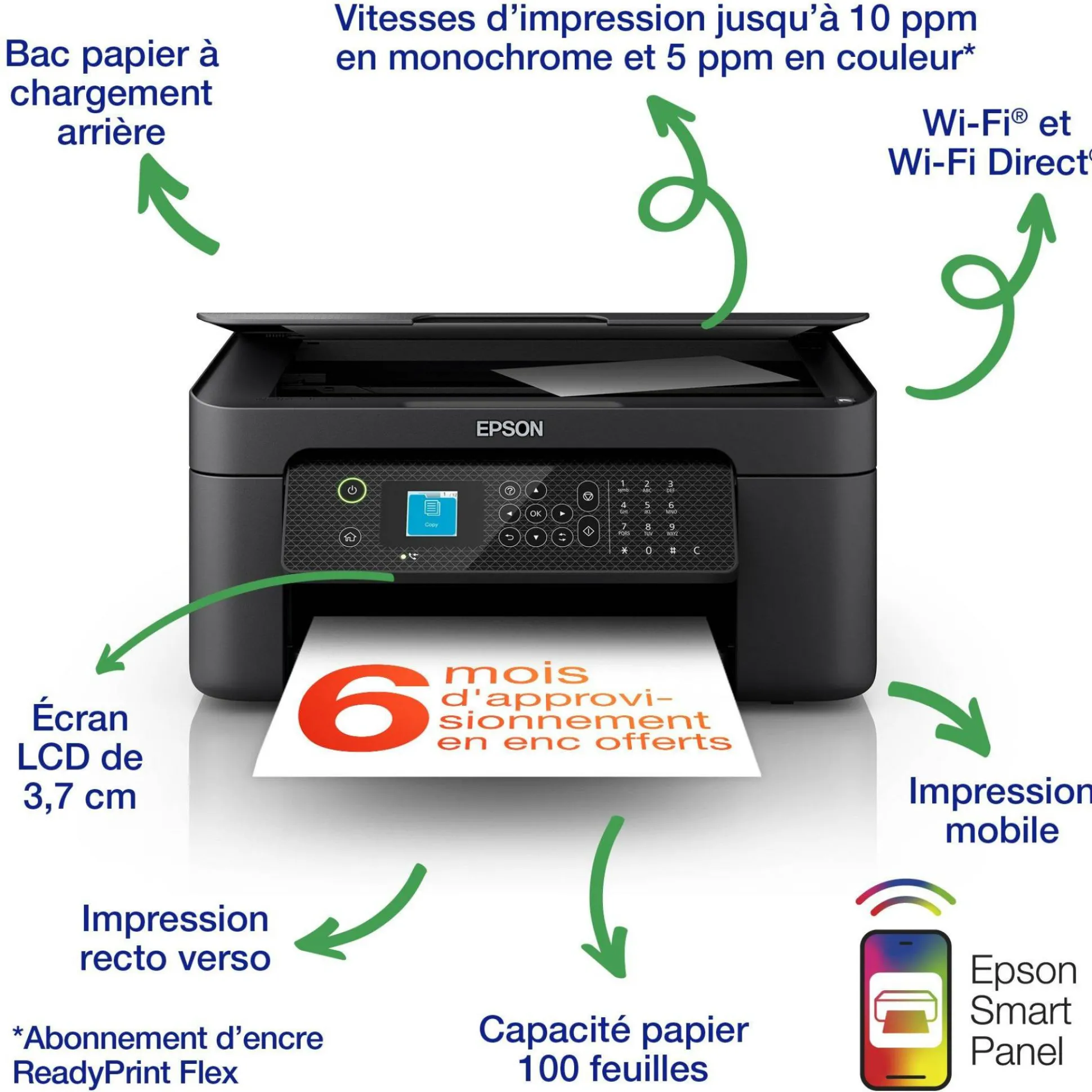 Imprimante multifonction Jet d’Encre A4 WorkForce WF-2910DWF et 6 mois d’encre offerts* avec l’abonnement ReadyPrint Flex