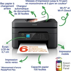 Imprimante multifonction Jet d’Encre A4 WorkForce WF-2930DWF et 6 mois d’encre offerts* avec l’abonnement ReadyPrint