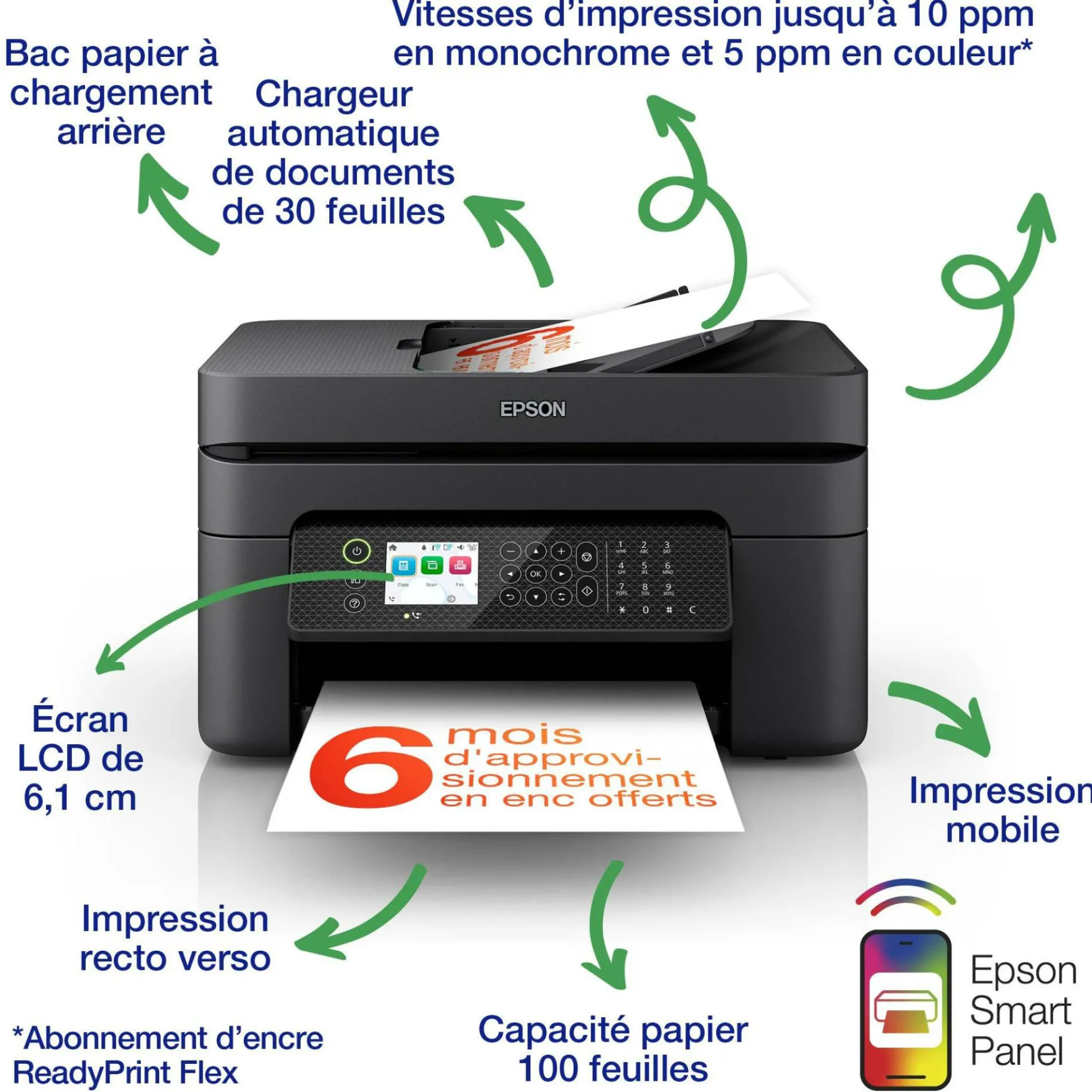 Imprimante multifonction Jet d’Encre A4 WorkForce WF-2950DWF et 6 mois d’encre offerts* avec l’abonnement ReadyPrint