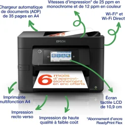 Imprimante multifonction Jet d’Encre A4 WorkForce Pro WF-4825DWF et 6 mois d’encre offerts* avec l’abonnement ReadyPrint