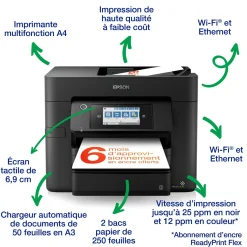 Imprimante multifonction Jet d’Encre A4 WorkForce WF-4830DTWF et 6 mois d’approvisionnement en encre offerts avec l’abonnement ReadyPrint*