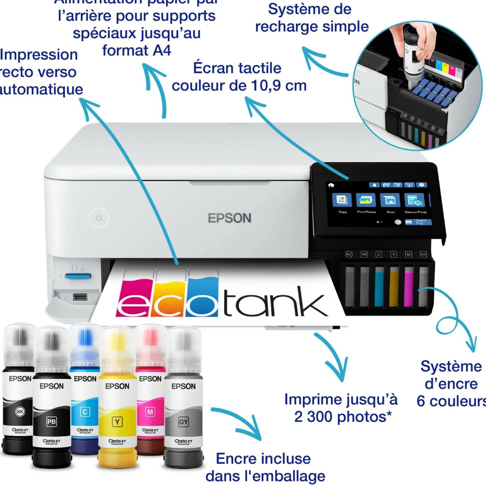 Imprimante photo A4 EcoTank ET-8500 avec réservoir d’encre et Wi-Fi