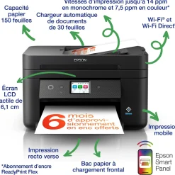 Imprimantte multifonction Jet d’Encre A4 WorkForce WF-2960DWF et 6 mois d’encre offerts* avec l’abonnement ReadyPrint