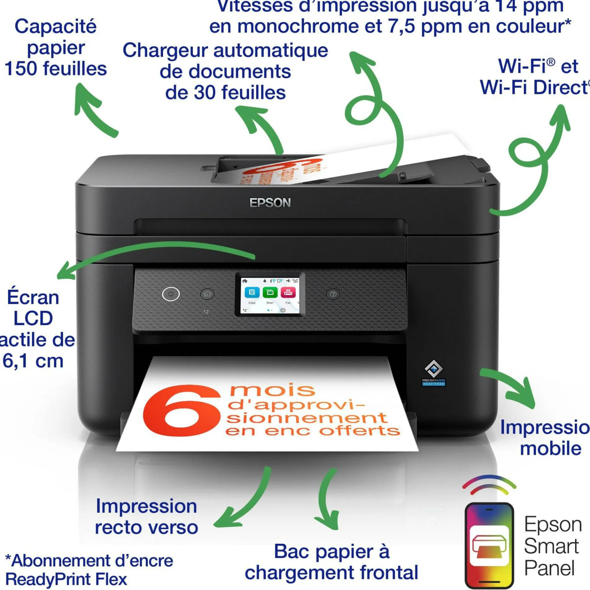 Imprimantte multifonction Jet d’Encre A4 WorkForce WF-2960DWF et 6 mois d’encre offerts* avec l’abonnement ReadyPrint