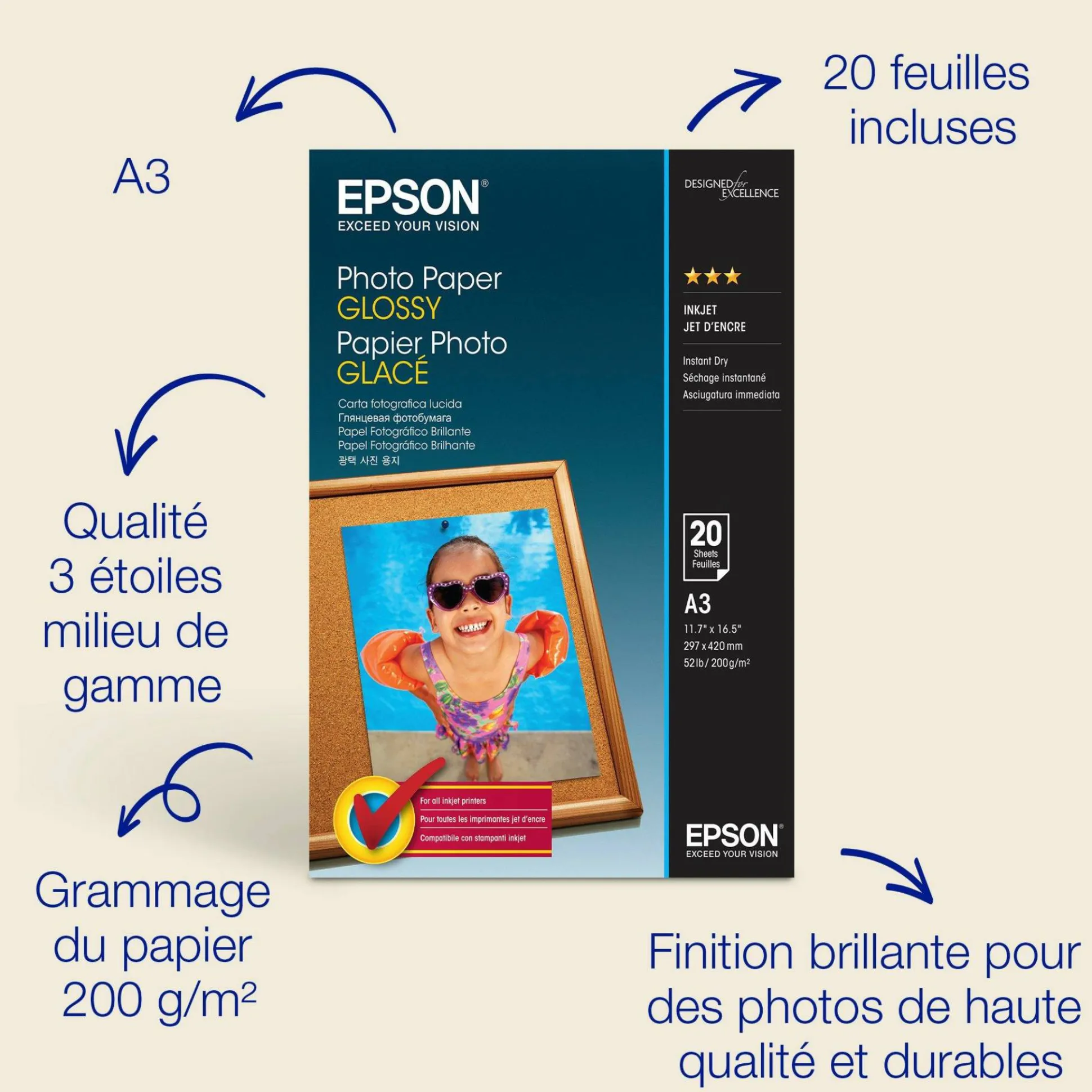 Papier photo A3 brillant Epson 200 g/m2, 20 feuilles