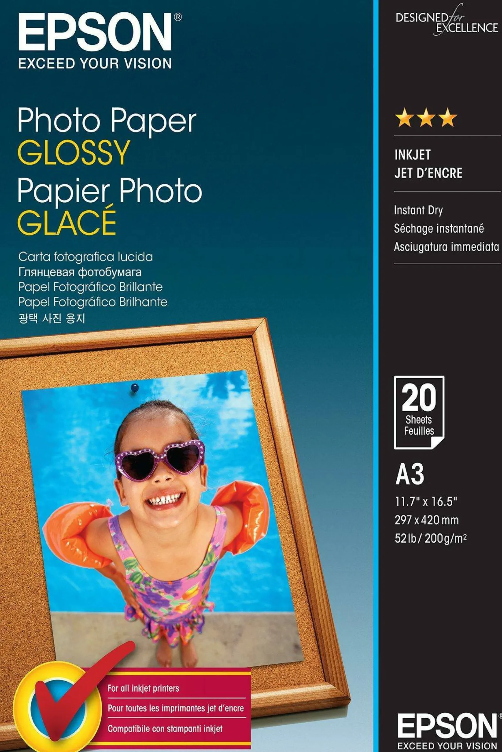 Papier photo A3 brillant Epson 200 g/m2, 20 feuilles