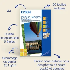 Papier photo A4 Premium semi-brillant Epson, 251 g/m2, 20 feuilles