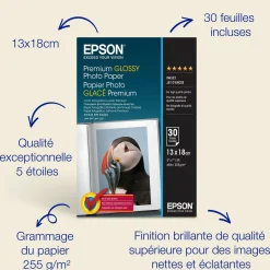 Papier photo brillant Epson Premium (130 x 180 mm), 255 g/m2, 30 feuilles