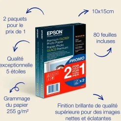 Papier photo brillant Epson Premium (100 x 150 mm), 255 g/m2, 80 feuilles