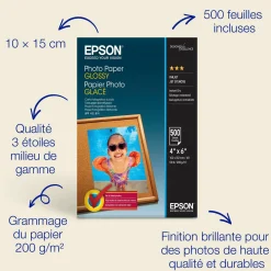 Papier photo brillant Epson (100 x 150 mm), 200 g/m2, 500 feuilles