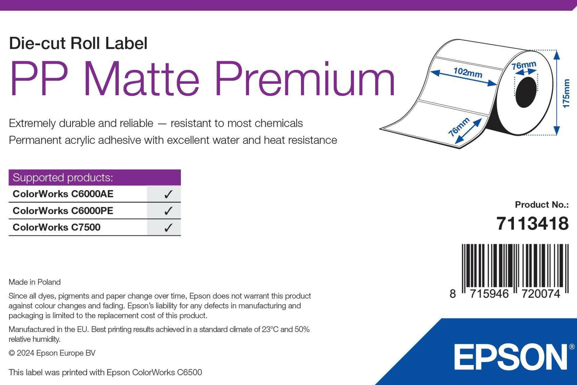 PP Matte Label Premium, Die-cut Roll, 102mm x 76mm, 1570 Labels