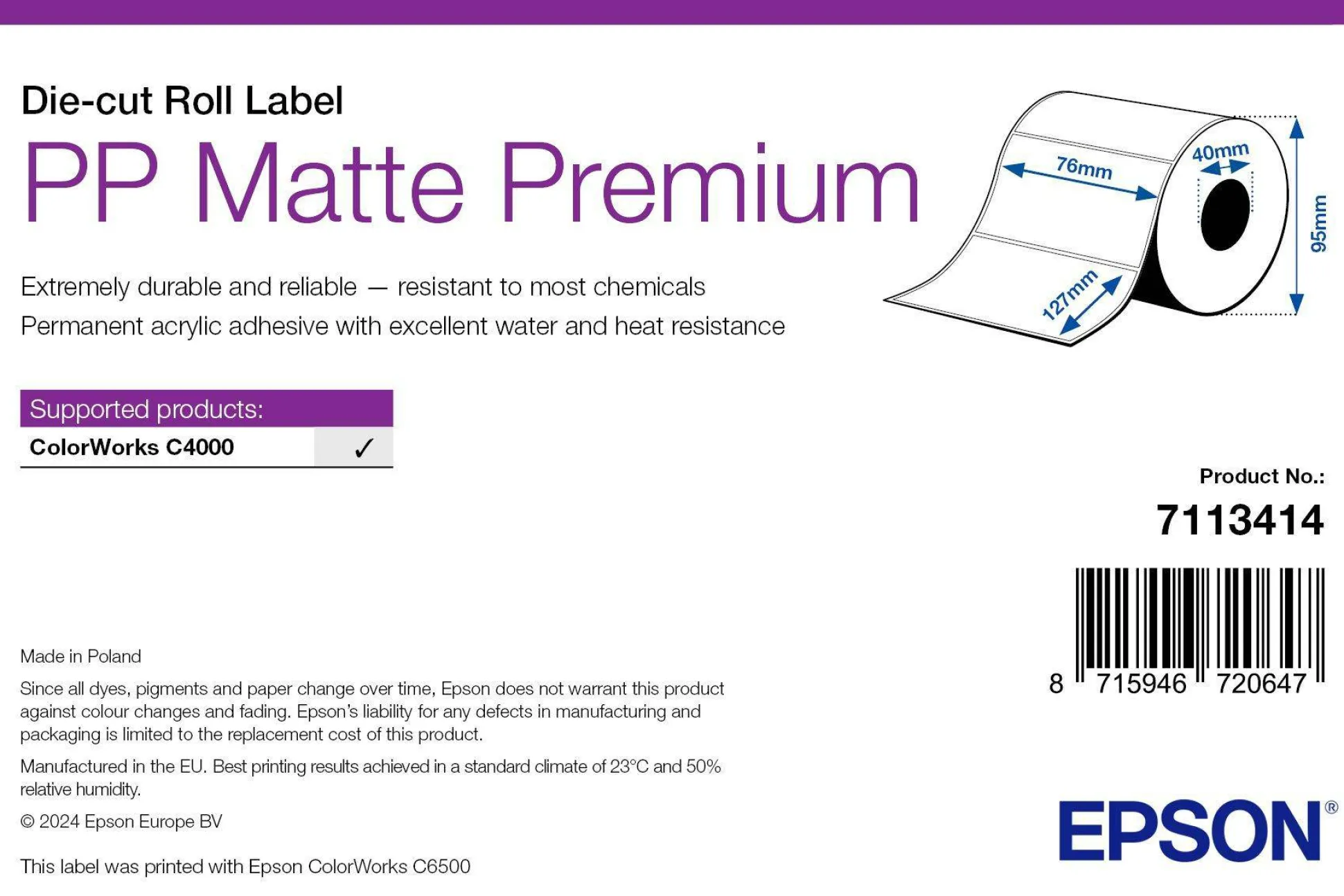 PP Matte Label Premium, Die-cut Roll, 76mm x 127mm, 220 Labels