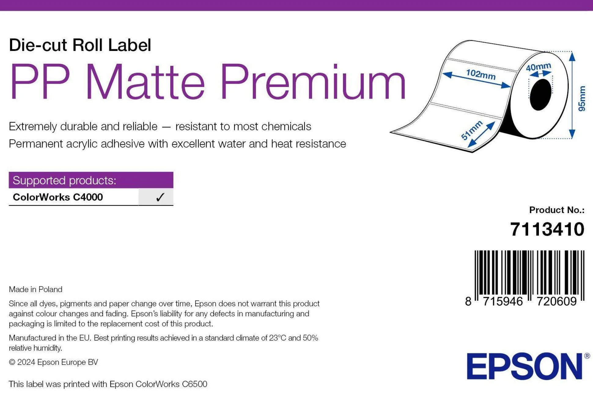 PP Matte Label Premium, Die-cut Roll, 102mm x 51mm, 535 Labels